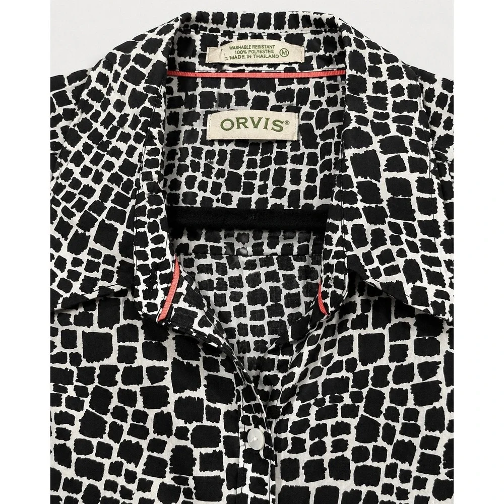 Orvis Shirt Women 16 Black White Geometric Wrinkle Free Cotton Button Down